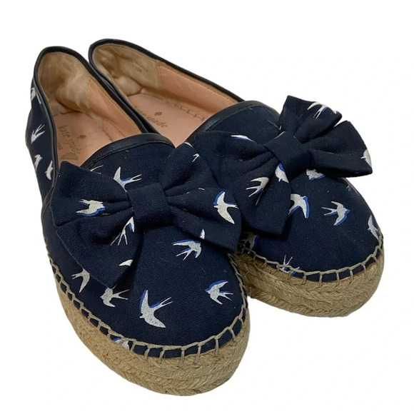 Kate Spade Navy Blue Swallow Bird Print Bow  Platform Espadrille Sandals … - Picture 1 of 8